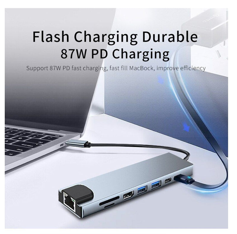 Usb 8 In 1 Hub Adapter Type C 3 1 To 4k HdTV With Sd Tf Rj45 Card Reader