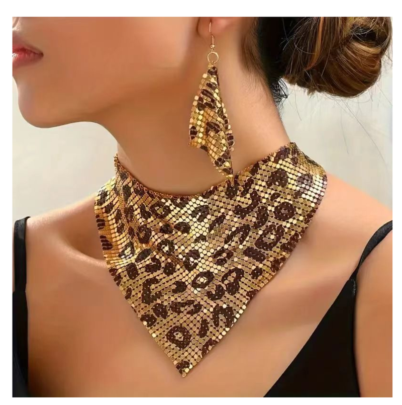 Fashion Leopard Print Jewelry Set Bib Necklace & Dangle Earrings Set