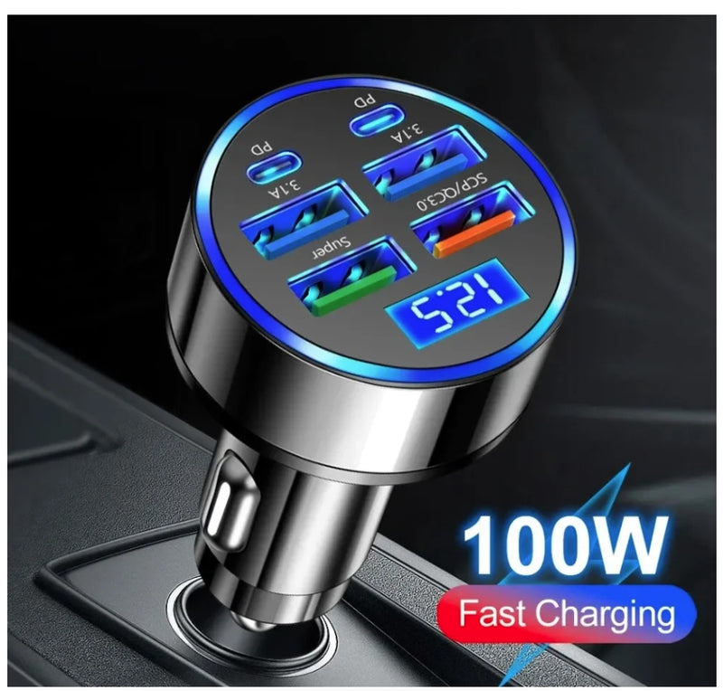 Car Charger Flash Charge Plug with Digital Display One to Six Car Charger