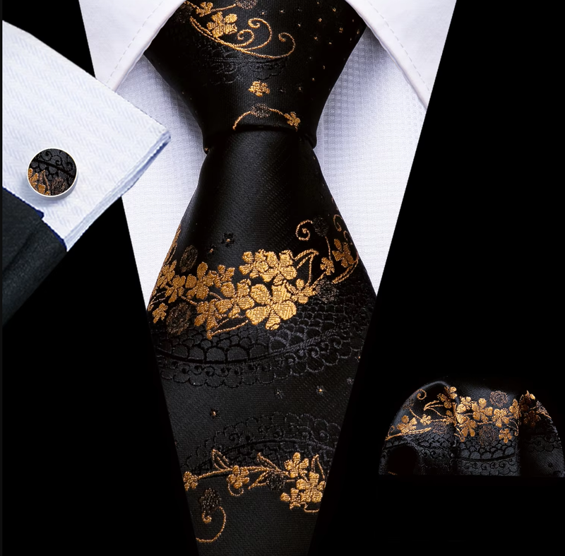 Mens Tie Jacquard Necktie Pocket Square Cufflinks Set Black Golden Floral
