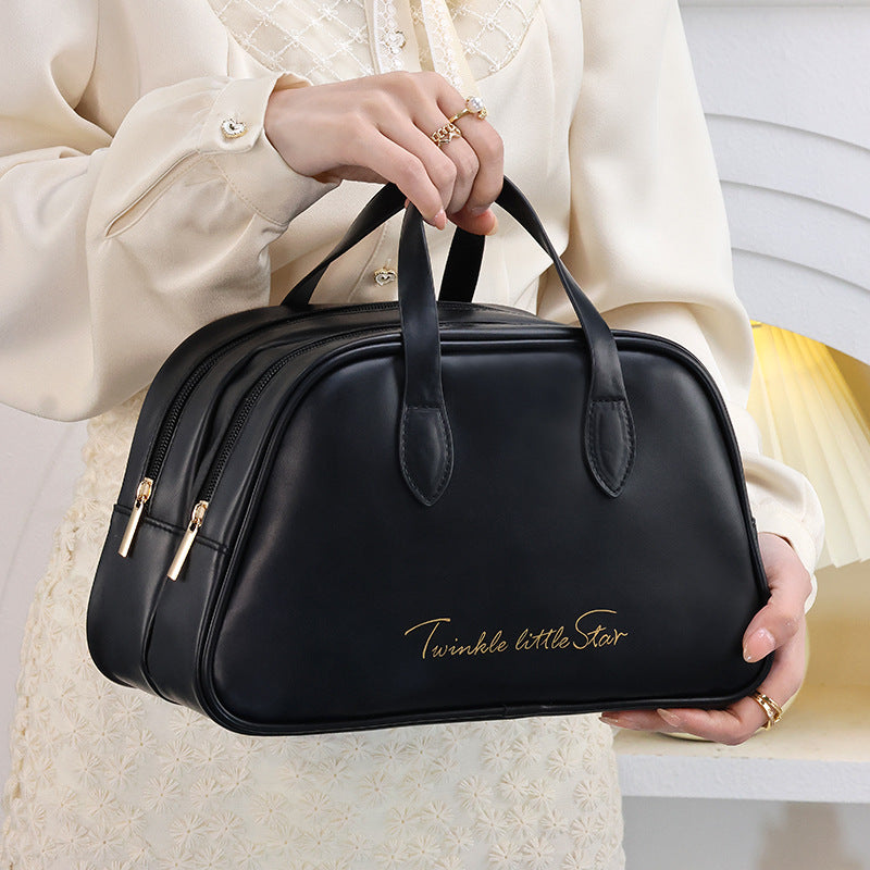 New Double-layer Portable Storage Fashionable PU Storage Bag with Hand Enhanced Appearance for Grooming and Storage
