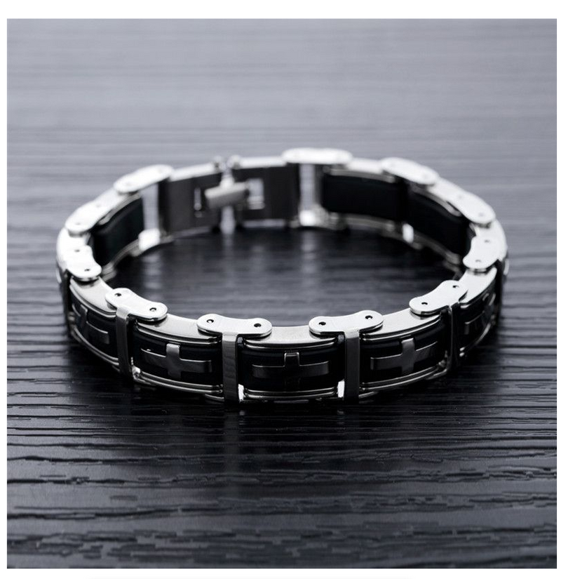 Stainless Steel Cross Symbol Charm Bracelet Men Top Quality Black Rubber