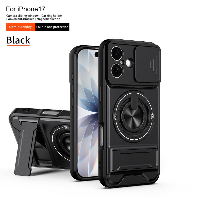 Luxury Slide Camera Lens Cover Case for iPhone 17, Built-in Ring Stand and Folding Stand Magnetic Protective Case