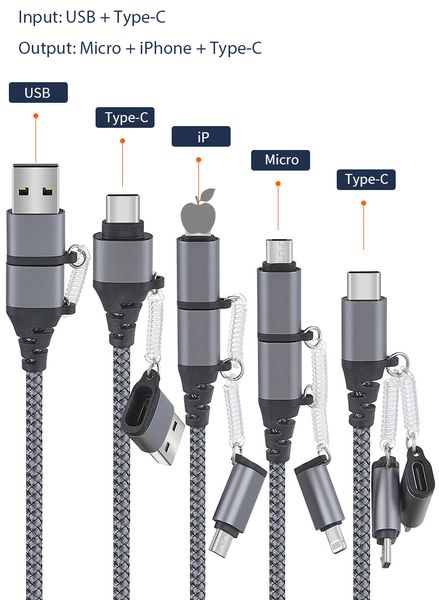 5In1 USB A/C To C/Micro/Lightning Cable Quick charging data cable