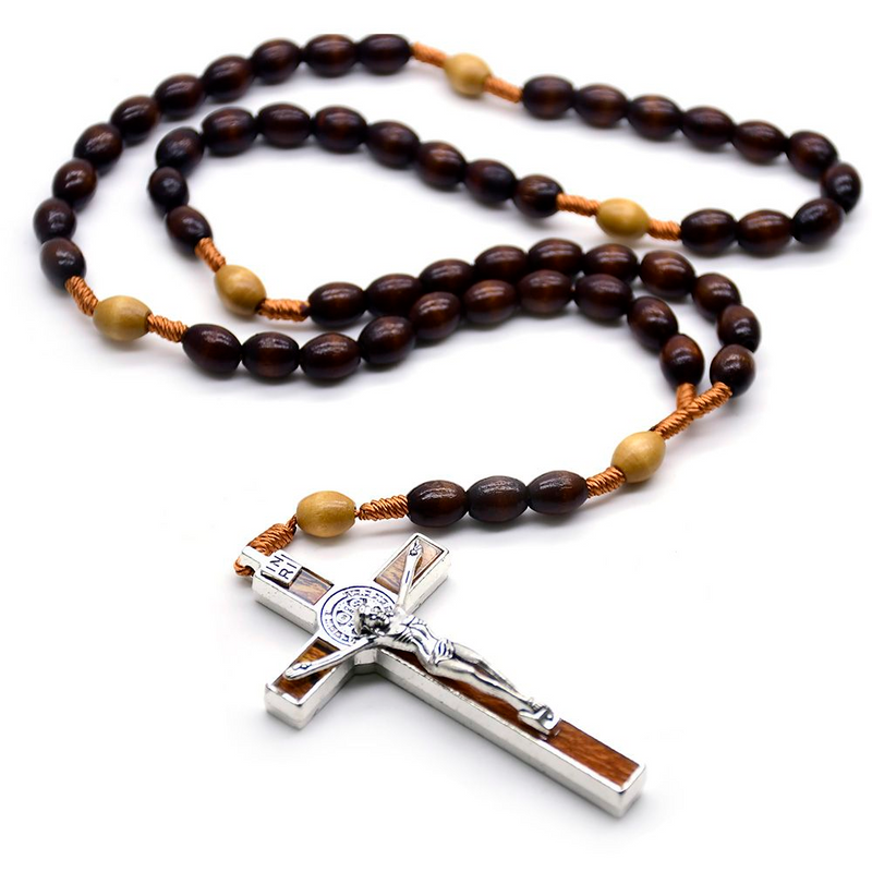 Dark Coffee Rice Shaped Wood Beads Rope Rosary Cross Necklace