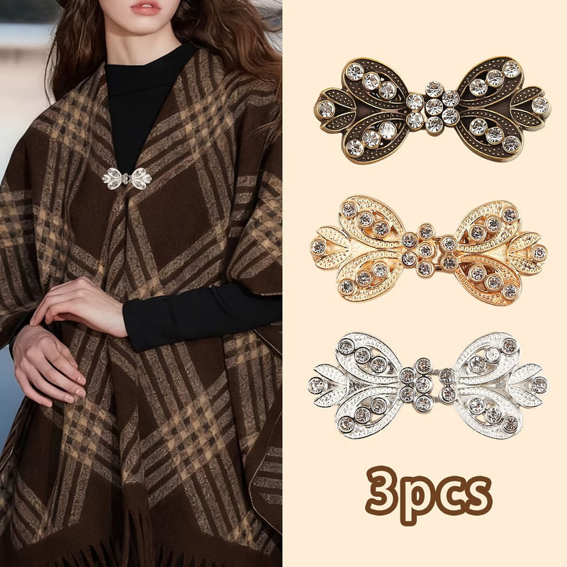 3Piece Rhinestone Shawl Clips, Vintage Sweater & Scarf Clasps (Gold/Silver/Bronze)