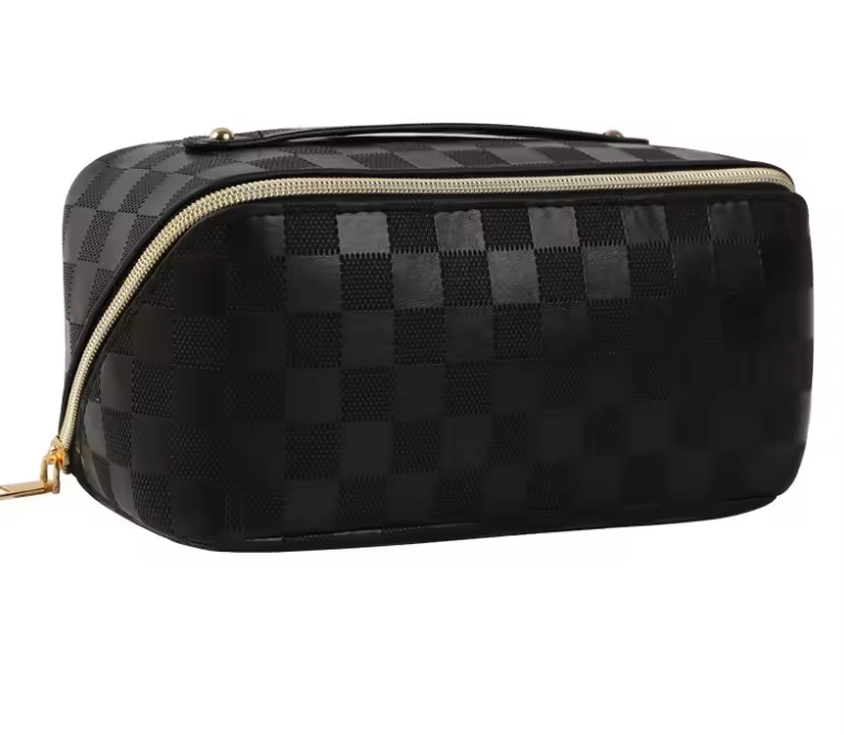 Fashionable Large Capacity Travel Portable Cosmetic Bag with Zipper Simple Checkerboard PU Waterproof Makeup Bag