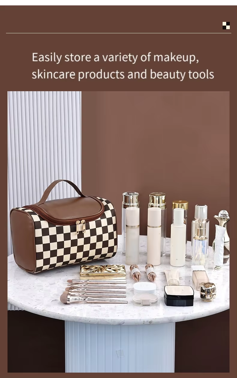 Handheld and Portable Checkerboard Patterned Makeup Bag with Large Capacity and Mesh Compartment