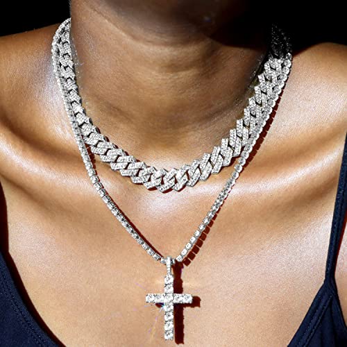 Iced Out Zirconia Cuban Link Chain Necklace, Men Cross Pendant Necklace Set, Hip Hop Bling for Men