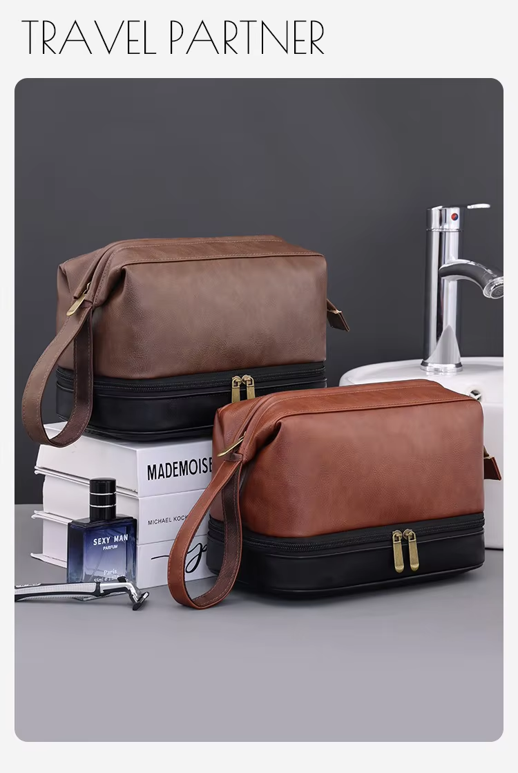 Business Trips Large Capacity Travel Toiletry Bag for Men Vintage Double Layer Design Multifunctional Portable Handheld Case