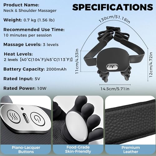 4D bionic neck massager with heat, simulates real hand massage. 3 intensities & 2 heat levels to relax muscle tension