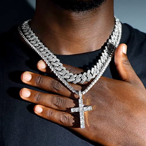 Iced Out Zirconia Cuban Link Chain Necklace, Men Cross Pendant Necklace Set, Hip Hop Bling for Men