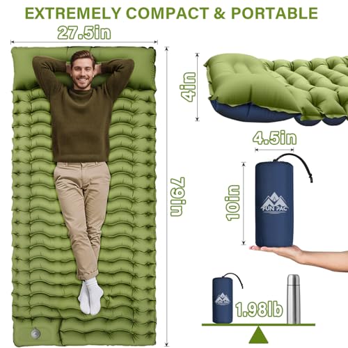 Camping Sleeping Pad, Ultralight Camping Mat with Pillow, Built-in Foot Pump Inflatable Sleeping Pads Compact for Camping Backpacking Hiking Traveling Tent,Single,Green