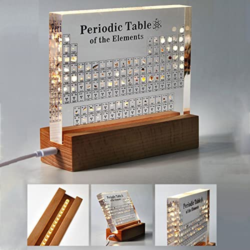 Periodic Table with Real Elements Inside, Acrylic Periodic Table Display with LED Light Base, Science Gifts for Students Teachers, Chemistry Lovers, Home Office Decor