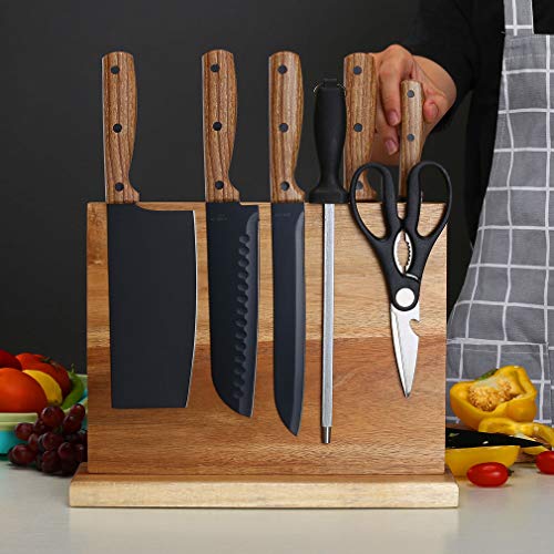 Double Sided Magnetic Wooden Knife Block, Acacia Wood Magnetic Knife Holder for Kitchen, Countertop Knife Storage Organizer
