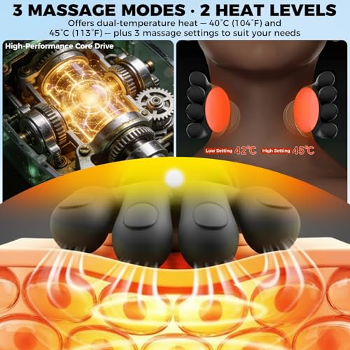 4D bionic neck massager with heat, simulates real hand massage. 3 intensities & 2 heat levels to relax muscle tension