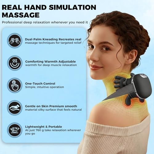 4D bionic neck massager with heat, simulates real hand massage. 3 intensities & 2 heat levels to relax muscle tension