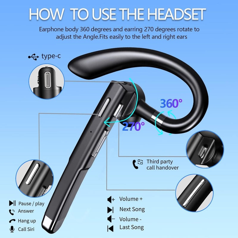 Bluetooth 5.1 Headset: 500Hr Standby, Rotatable Mic, LED Case