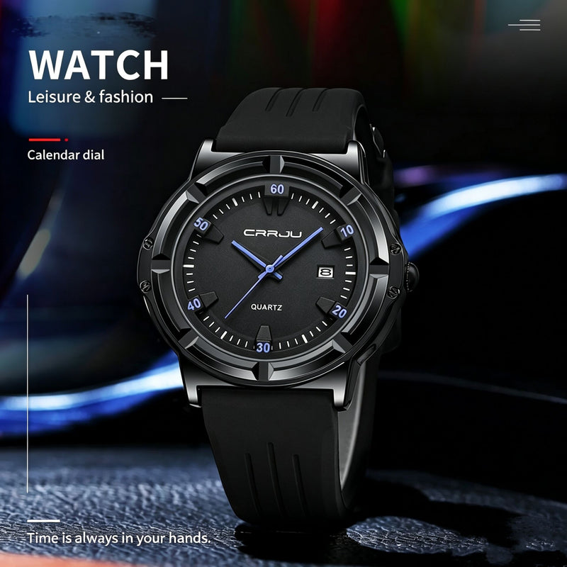 Sporty Blue Accent Date Display Quartz Wristwatch