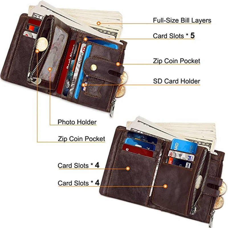 Leather Wallet and Zipper Coin Pocket Bifold Purse with 16 Credit Card