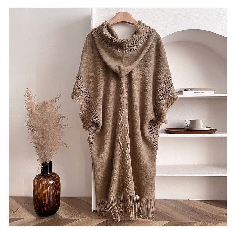 Autumn Winter Women Knitted Cape Shawl Wrap Cloak Ethnic Hooded Poncho