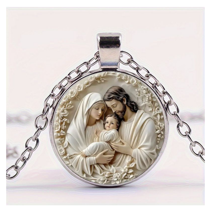 Family Glass Pendant Necklace Catholic Saint Joseph Virgin Mary Jesus