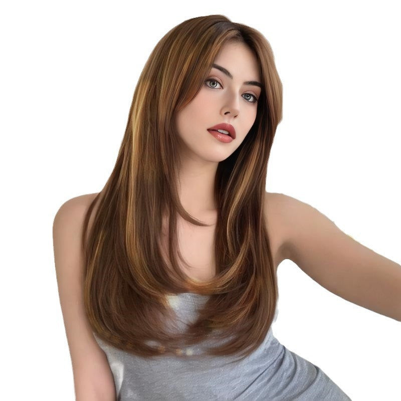 Woman Wig Medium-Long Curly Hair with Highlights Heat-Resistant Fiber and Lace Front