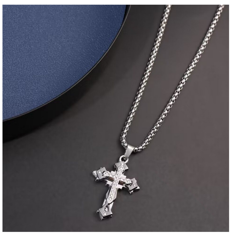 New Multilayer Cross Necklace with Diamond Pendant Stainless Steel Chain