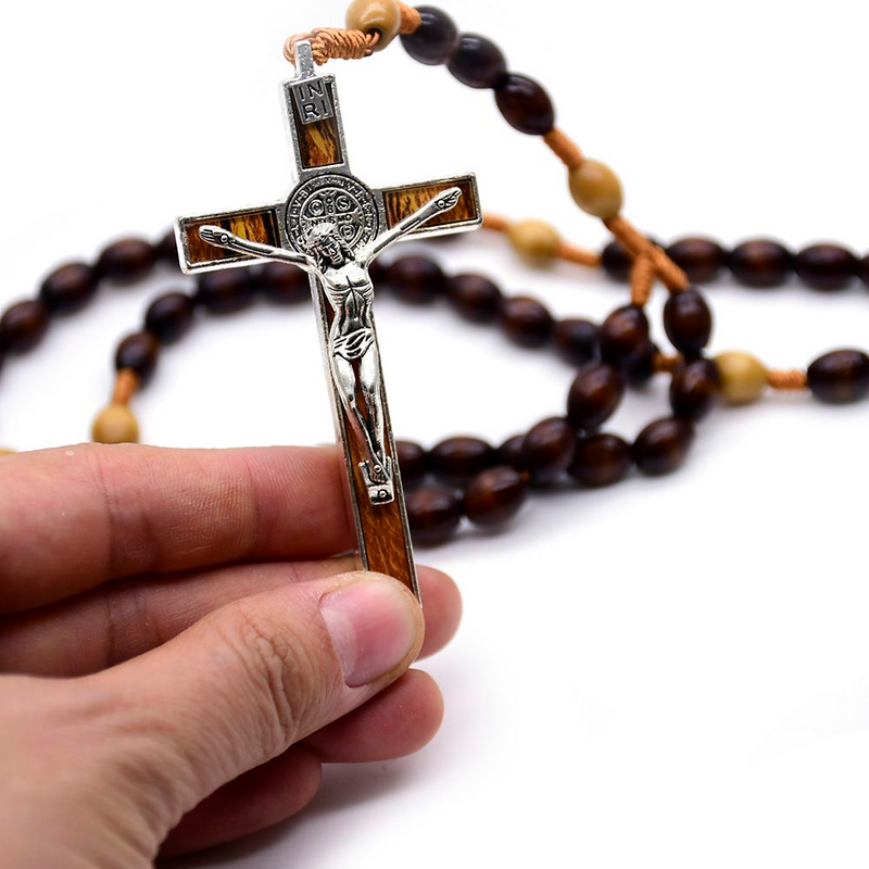Dark Coffee Rice Shaped Wood Beads Rope Rosary Cross Necklace
