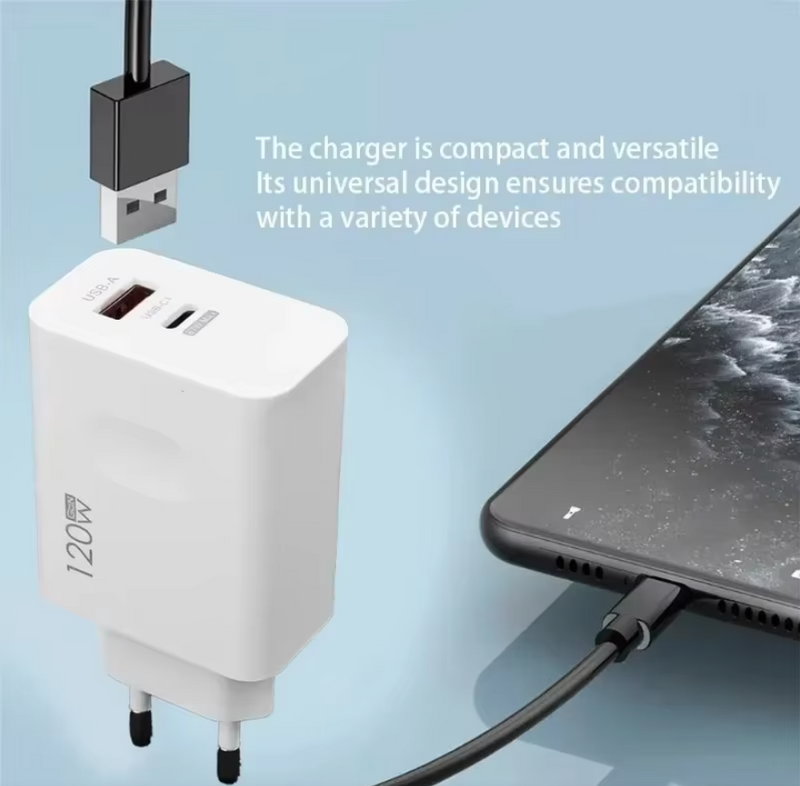 120W Fast Charger USB 3.0 Type-C 2 In 1 Charge Adapter For Phones