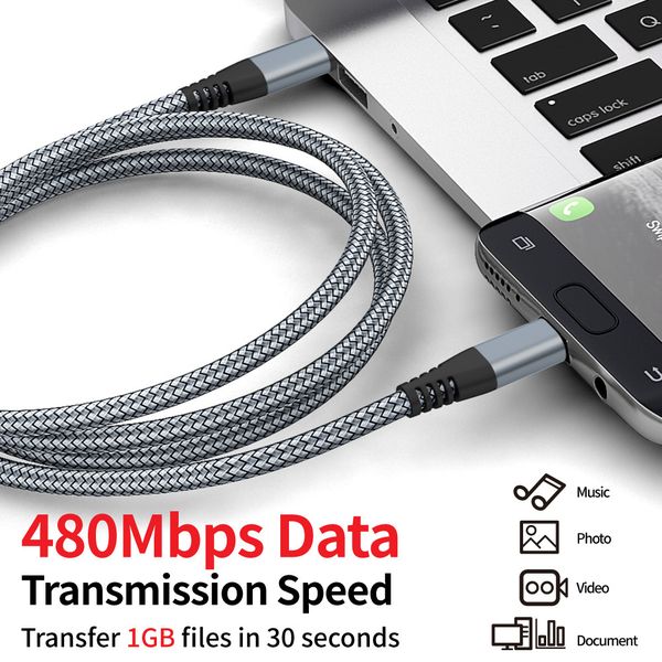 65W 3A Fast Charging Cable, USB C to USB-C 1m/2m, Nylon Data Cable