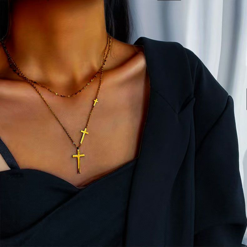 Layered Cross Necklace for Woman - Gold Titanium Steel Gift Jewelry