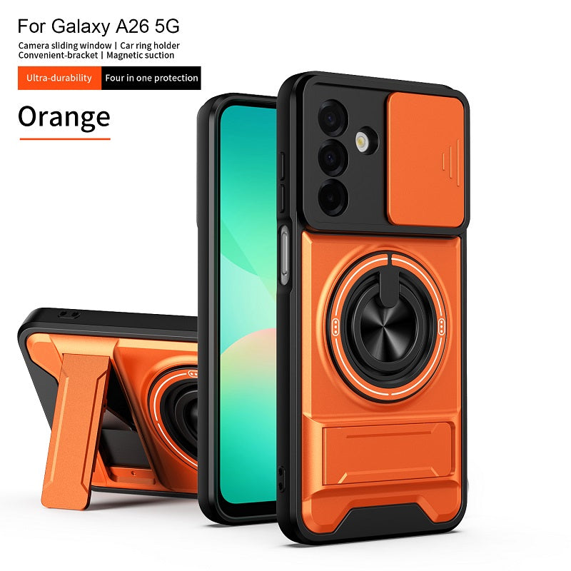 Luxury Slide Camera Lens Cover Case for Samsung Galaxy A26 5G, Built-in Ring Stand and Folding Stand Magnetic Protective Case