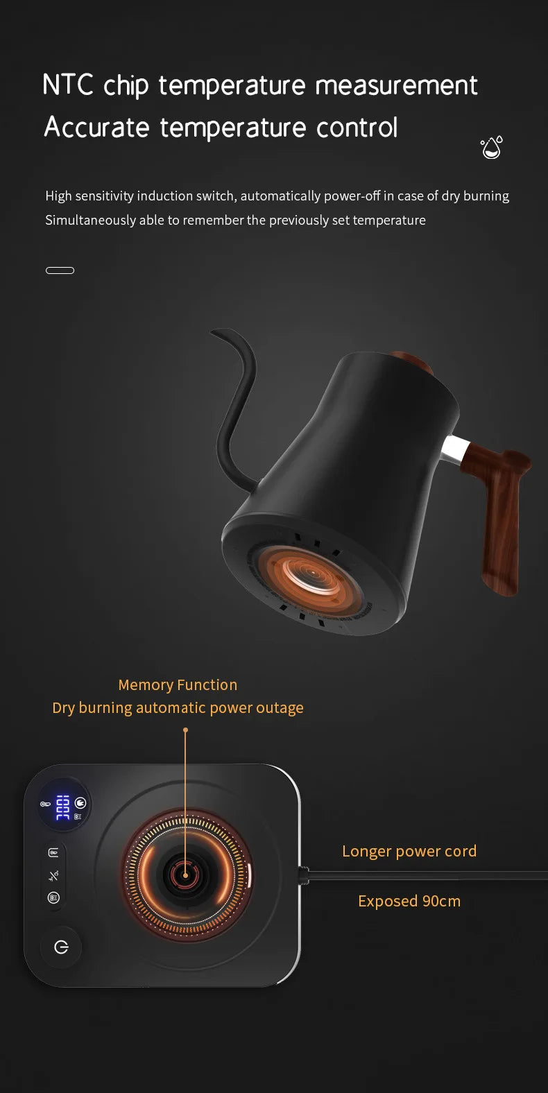 IPSTYLE Electric Gooseneck Kettle 900ML Hand Brew Coffee Pot Smart Teapot
