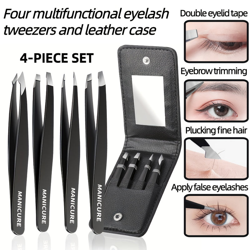 4-Piece Black Stainless Steel Tweezers Set – Precision for Lashes & Brows