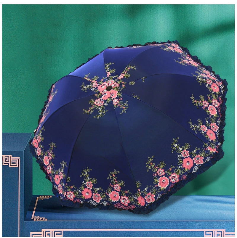 Folding Umbrella UPF50+ Flower Embroidery Umbrella Princess Umbrella