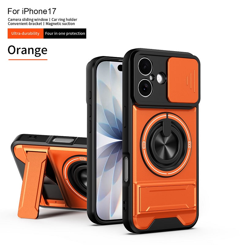 Luxury Slide Camera Lens Cover Case for iPhone 17, Built-in Ring Stand and Folding Stand Magnetic Protective Case