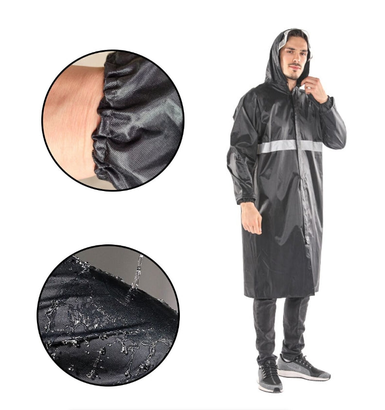 Men Raincoat with Hat Shiny Reflective Strip Long Coat Outdoor Rain Suit