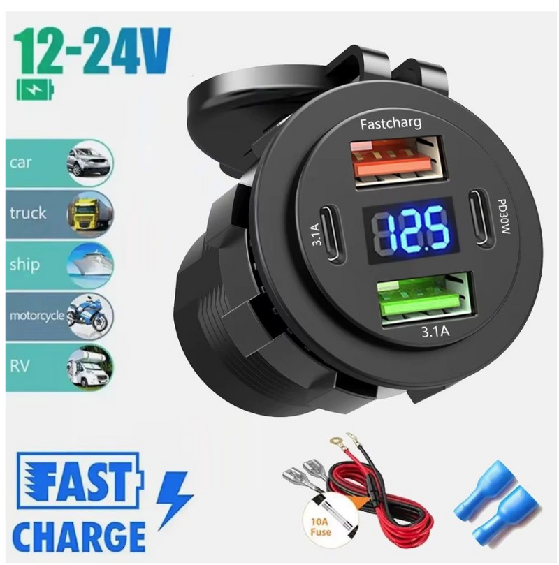 Car Charger Socket Dual Type-C & Dual USB 4Ports Fast Charging Socket
