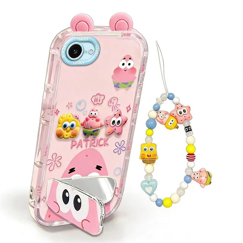 Phone Case for iPhone 16e/se4 Cute 3D SpongeBob And Patrick Mirror Stand TPU Soft Silicone Anti Fall Protective Cover