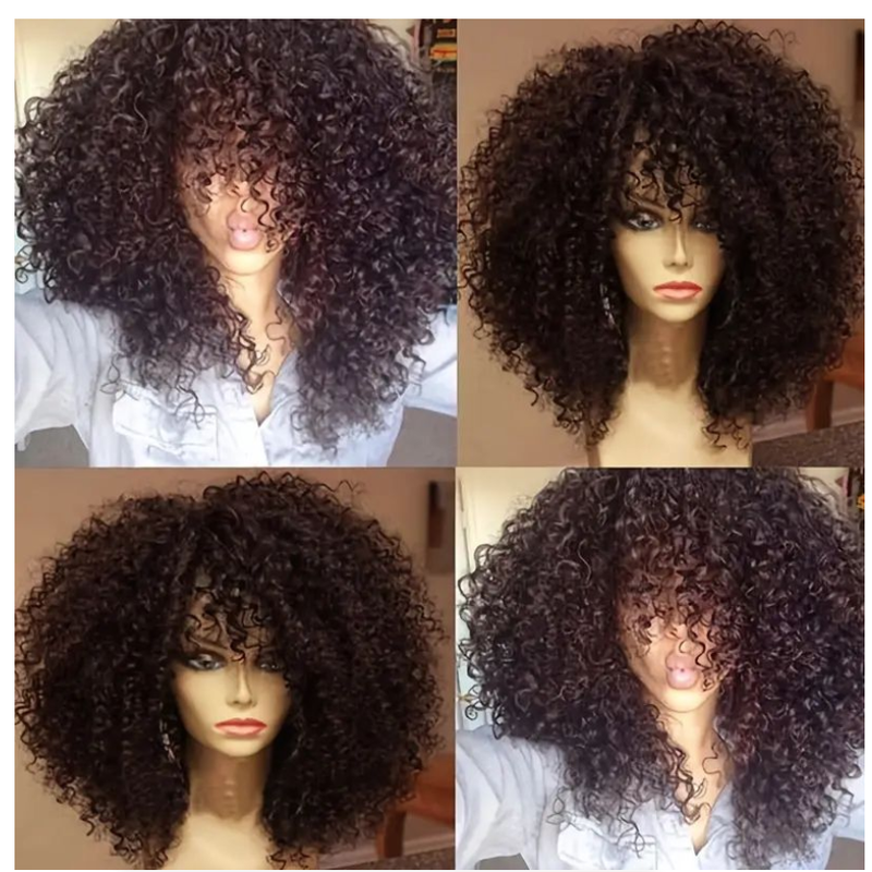 Afro Kinky Curly Hair Wigs Bangs Soft Fluffy Synthetic Fiber None Lace Wigs