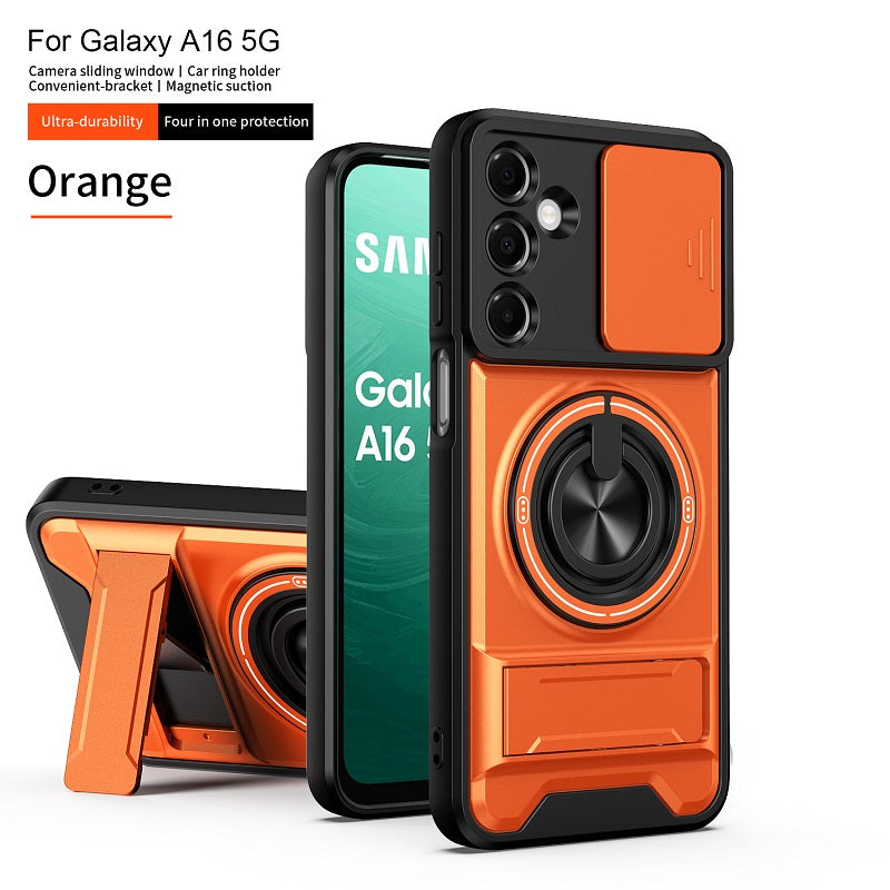 Luxury Slide Camera Lens Cover Case for Samsung Galaxy A16 5G/4G, Built-in Ring Stand and Folding Stand Magnetic Protective Case