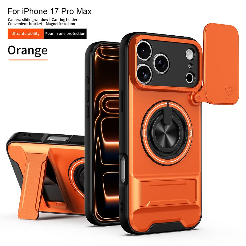 Luxury Slide Camera Lens Cover Case for iPhone 17 Pro Max, Built-in Ring Stand and Folding Stand Magnetic Protective Case