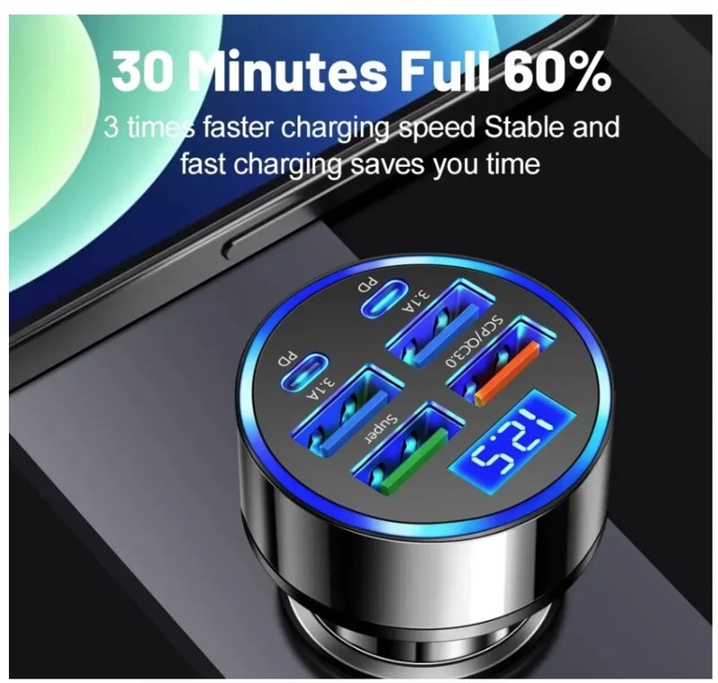 Car Charger Flash Charge Plug with Digital Display One to Six Car Charger