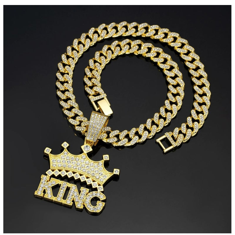 Hip Hop Crown King Pendant Necklace with 13mm Crystal Cuban Chain