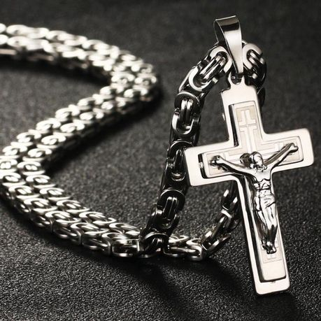Jesus Christ Cross Pendant Necklace Stainless Steel Byzantine Chain Jewelry