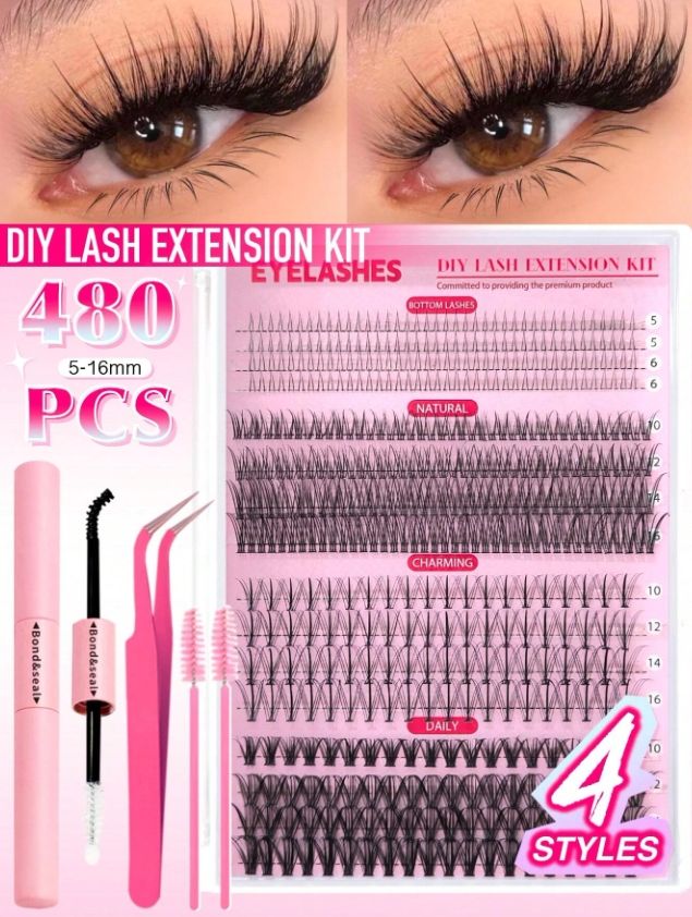 DIY Eyelash Extensions Kit5-16MM Natural, Lash Clusters Kit 480Pcs Wispy Lash Glue Bond and Seal Self Application for Lash Extension Beginner