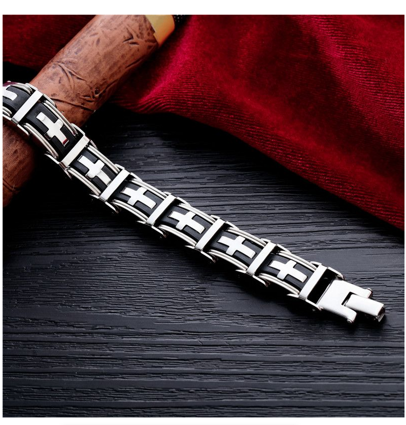 Stainless Steel Cross Symbol Charm Bracelet Men Top Quality Black Rubber