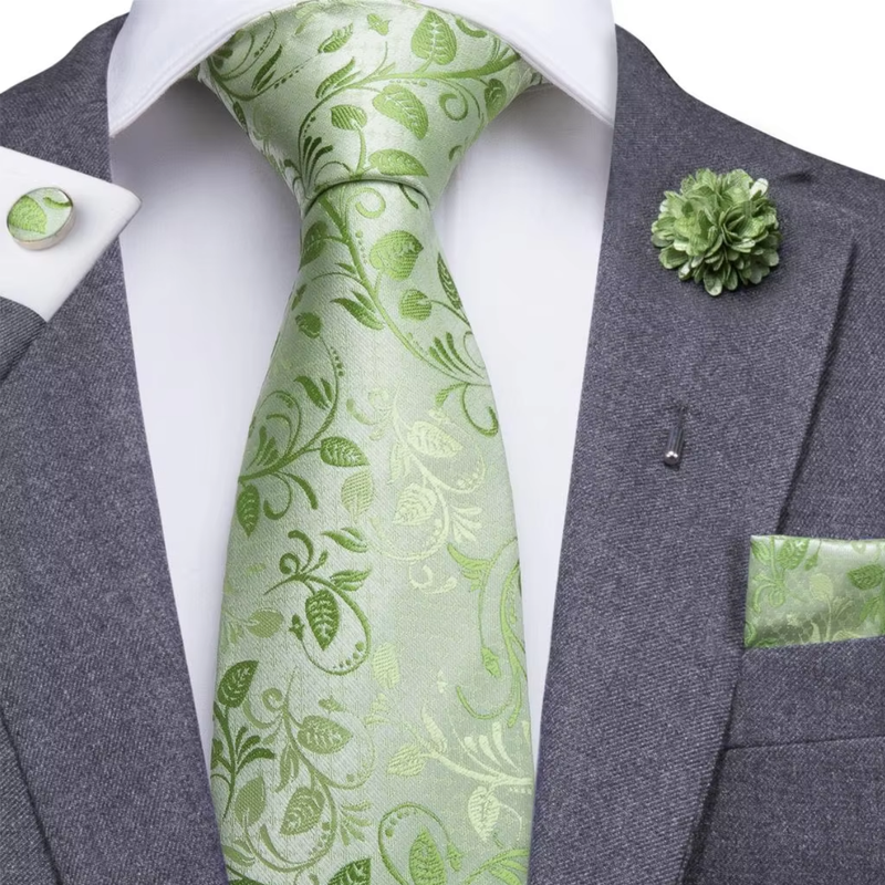Men Silk Tie Grass Green Ties Boutonniere Handkerchief Cufflinks Set