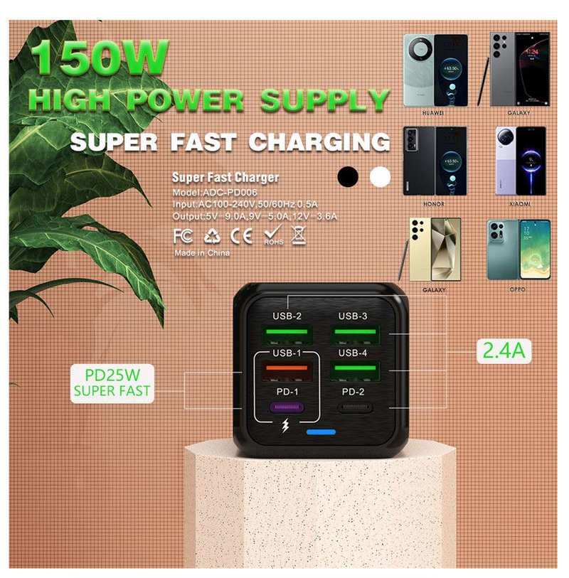 6 Ports Quick Charger Wall Adapter PD QC 3.0 USB C